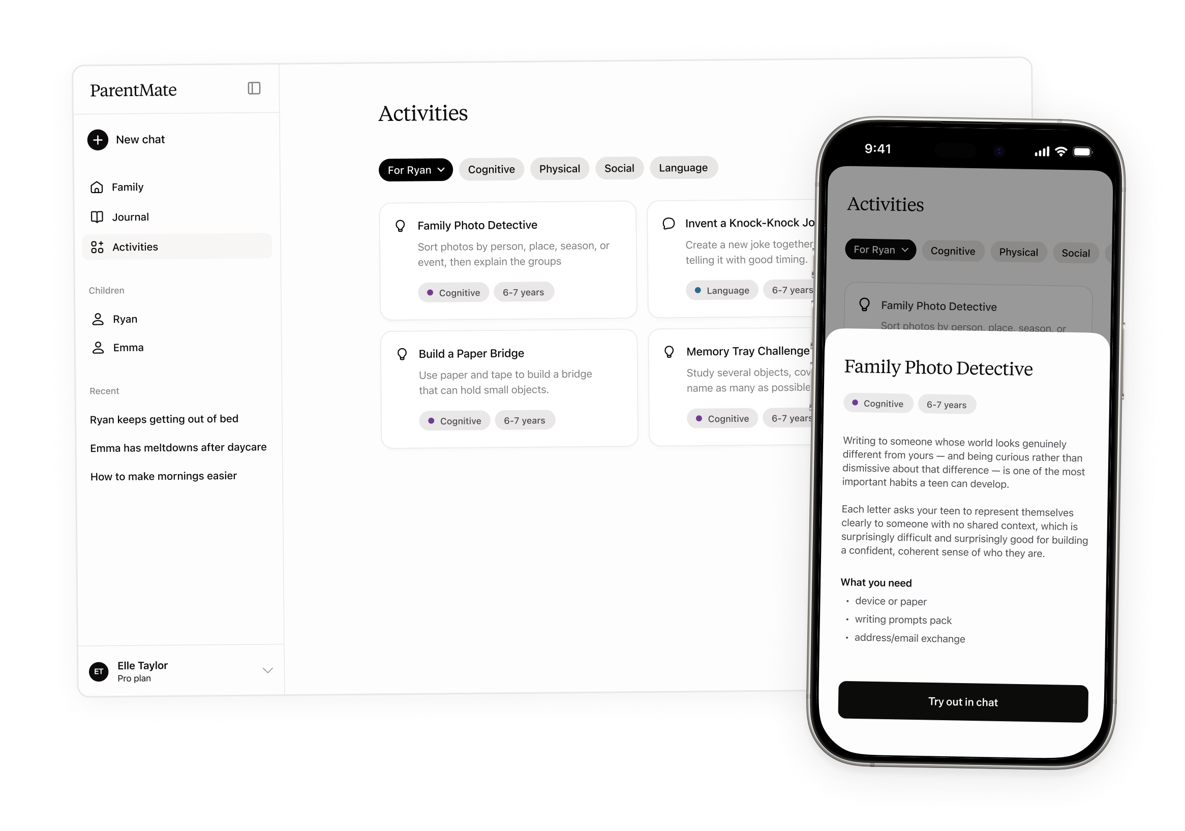 ParentMate Activities showing age-relevant activity cards and an activity detail on mobile